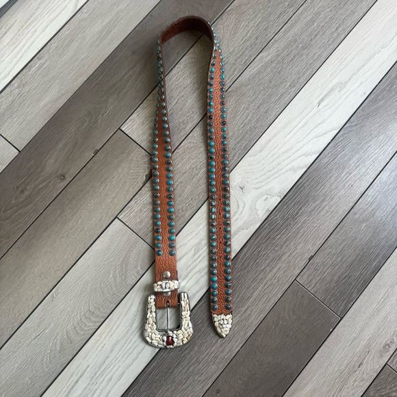 LeatherRock Vintage Tan Leather Belt W/Blue Studs And Multicolored Rock |Size:36 - Picture 11 of 11